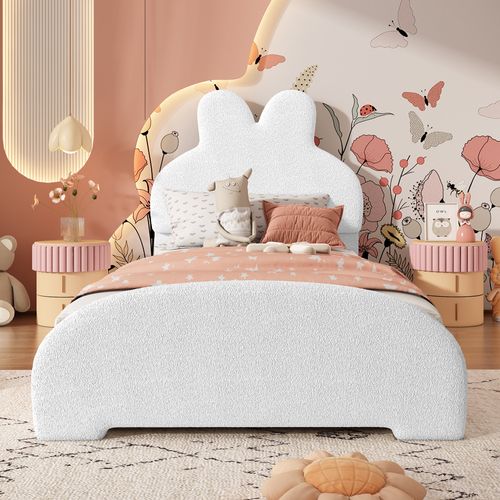 Lit Enfant 90x200 Cm Avec Sommier Et Tête De Lit Lapin, Tissu Bouclé, Blanc