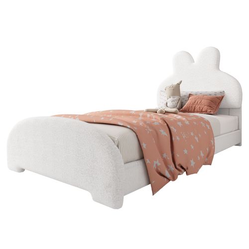 Lit Enfant 90x200 Cm Avec Sommier Et Tête De Lit Lapin, Tissu Bouclé, Blanc