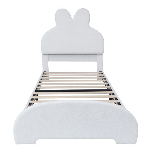 Lit Enfant 90x200 Cm Avec Sommier Et Tête De Lit Lapin, Tissu Bouclé, Blanc