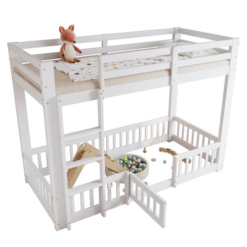 Lit Superposé Enfant 90x200 Cm Avec Barrières Et Petite Porte, Bois Blanc