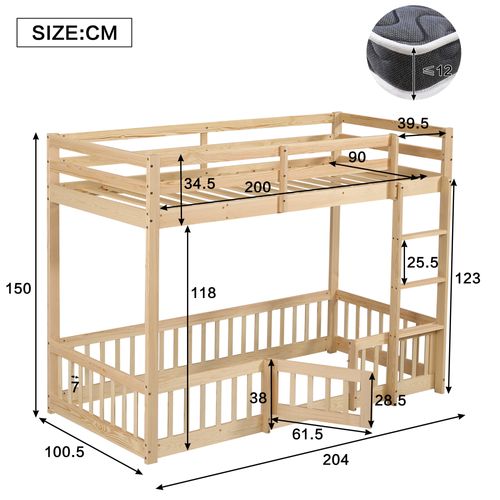 Lit Superposé Enfant 90x200 Cm En Bois Avec Barrières Sécurisées Et Petite Porte