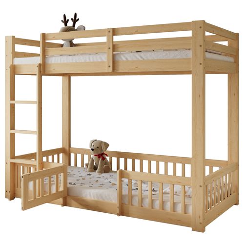 Lit Superposé Enfant 90x200 Cm En Bois Avec Barrières Sécurisées Et Petite Porte
