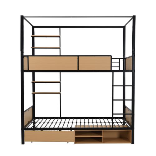 Lit Superposé 90x200 Cm En Métal Noir Avec Tiroir De Rangement, Étagères Et Niches