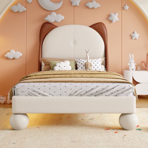 Lit Enfant LED 90x200 Cm Avec Tête De Lit Oreilles De Chat Et Éclairage, Pu Beige