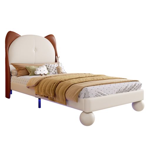 Lit Enfant LED 90x200 Cm Avec Tête De Lit Oreilles De Chat Et Éclairage, Pu Beige