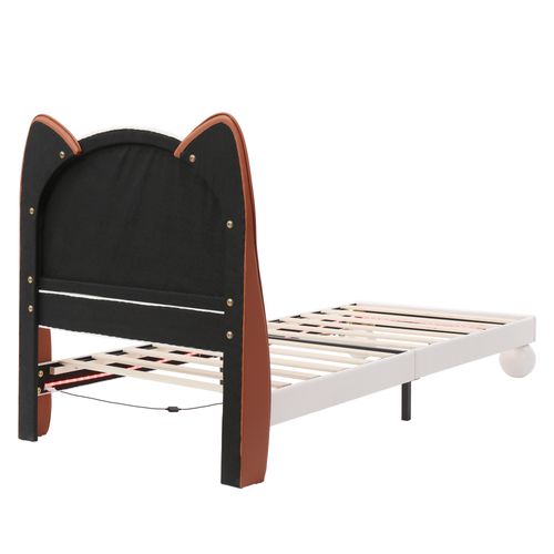 Lit Enfant LED 90x200 Cm Avec Tête De Lit Oreilles De Chat Et Éclairage, Pu Beige