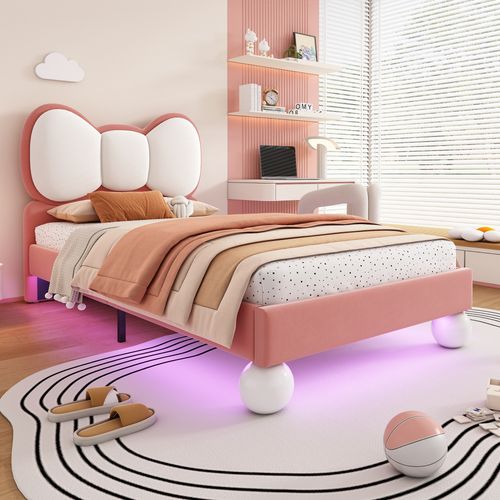 Lit Enfant Simple 90x200 Cm LED Avec Tête De Lit Nœud Papillon Et Sommier, Velours Rose