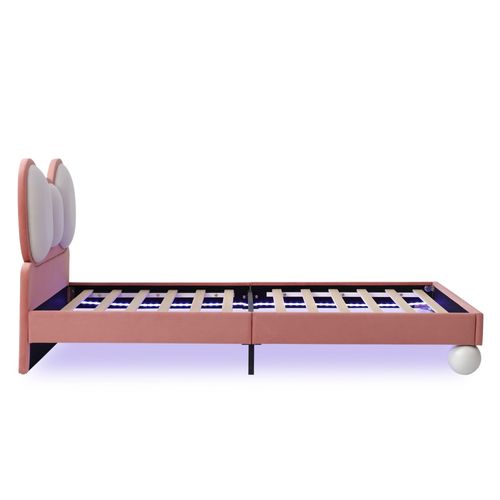 Lit Enfant Simple 90x200 Cm LED Avec Tête De Lit Nœud Papillon Et Sommier, Velours Rose