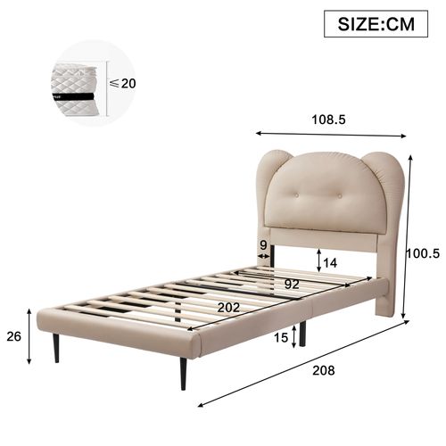 Lit Enfant Simple 90x200 Cm Avec Tête De Lit En Forme D’animal Et Sommier, Pu Beige
