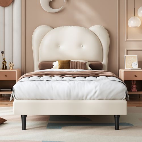 Lit Enfant Simple 90x200 Cm Avec Tête De Lit En Forme D’animal Et Sommier, Pu Beige