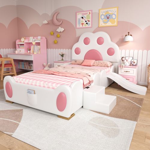 Lit Enfant 90x200 Cm Avec Toboggan Et Échelle, Patte De Chat, Pu Rose Et Blanc