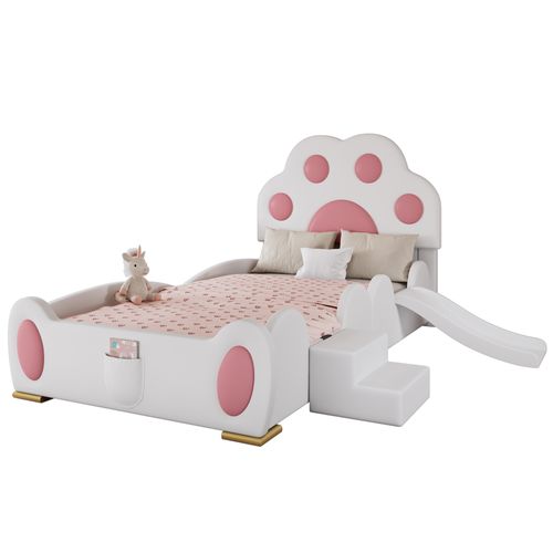 Lit Enfant 90x200 Cm Avec Toboggan Et Échelle, Patte De Chat, Pu Rose Et Blanc