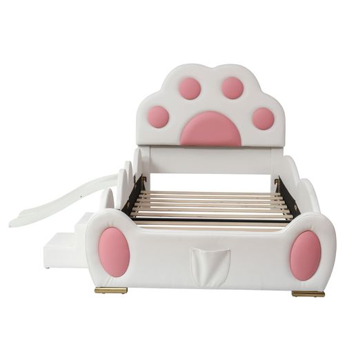 Lit Enfant 90x200 Cm Avec Toboggan Et Échelle, Patte De Chat, Pu Rose Et Blanc