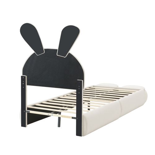 Lit Enfant 90x200 Cm Avec LED, Oreilles De Lapin Et 2 Poufs De Rangement, Velours Beige