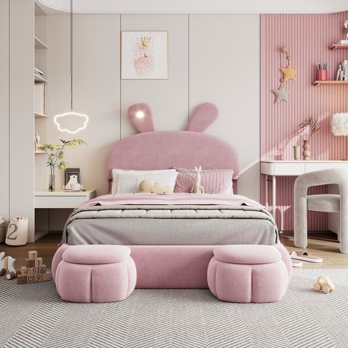 Lit Coffre Enfant 140x200 Cm LED Et Poufs De Rangement, Design Lapin, Velours Beige