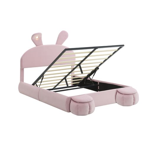 Lit Coffre Enfant 140x200 Cm LED Et Poufs De Rangement, Design Lapin, Velours Beige