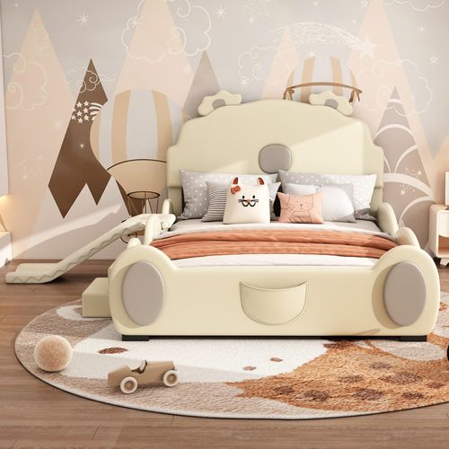 Lit Enfant 140x200cm, Avec Toboggan Et Échelle, Matière Pu, Beige