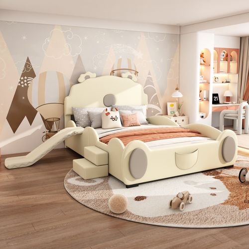 Lit Enfant 140x200cm, Avec Toboggan Et Échelle, Matière Pu, Beige