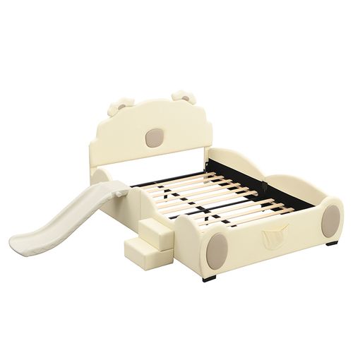 Lit Enfant 140x200cm, Avec Toboggan Et Échelle, Matière Pu, Beige