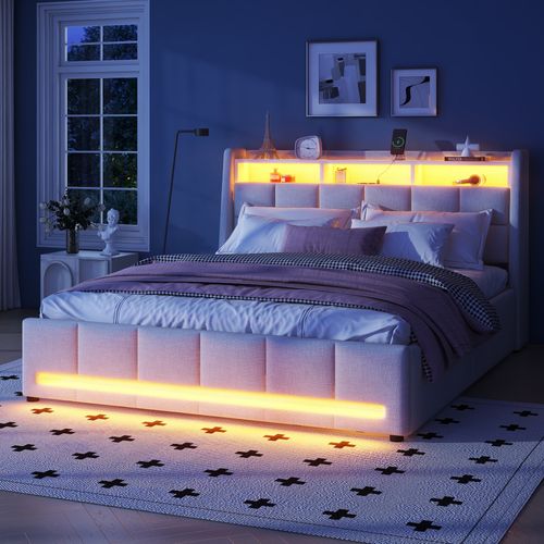 Lit Adulte 140 X 200 Cm, Télécommande App, Éclairage LED, Lit Avec Tiroirs, USB, Lin, Beige