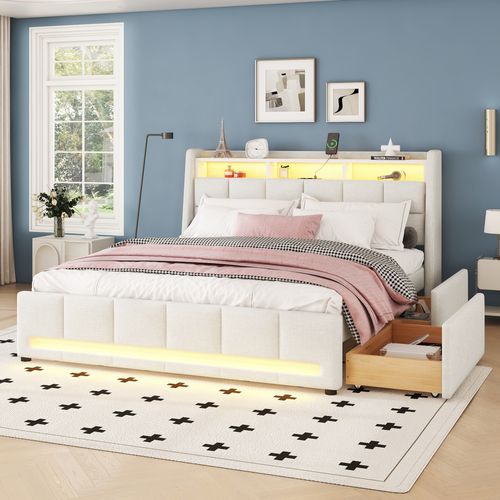 Lit Adulte 140 X 200 Cm, Télécommande App, Éclairage LED, Lit Avec Tiroirs, USB, Lin, Beige