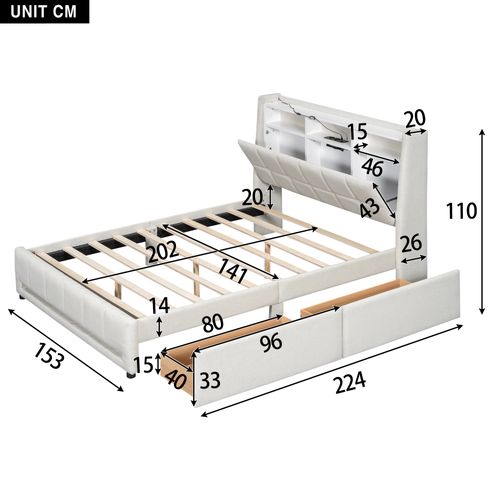 Lit Adulte 140 X 200 Cm, Télécommande App, Éclairage LED, Lit Avec Tiroirs, USB, Lin, Beige