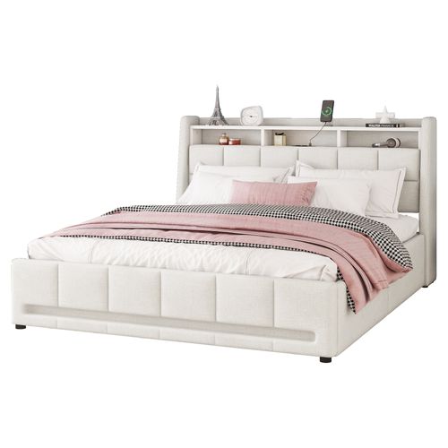 Lit Adulte 140 X 200 Cm, Télécommande App, Éclairage LED, Lit Avec Tiroirs, USB, Lin, Beige