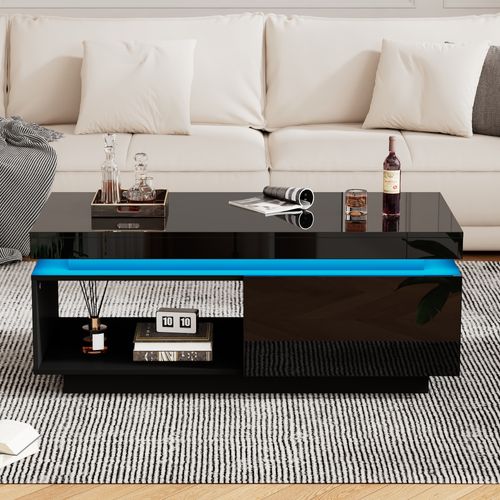 Table Basse Avec LED Et Tiroir - Plateau Et Panneaux Brillants - 100x50x40,3 Cm - Noir