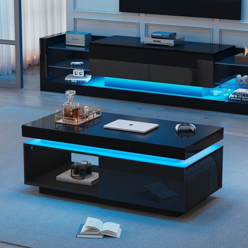 Table Basse Avec LED Et Tiroir - Plateau Et Panneaux Brillants - 100x50x40,3 Cm - Noir