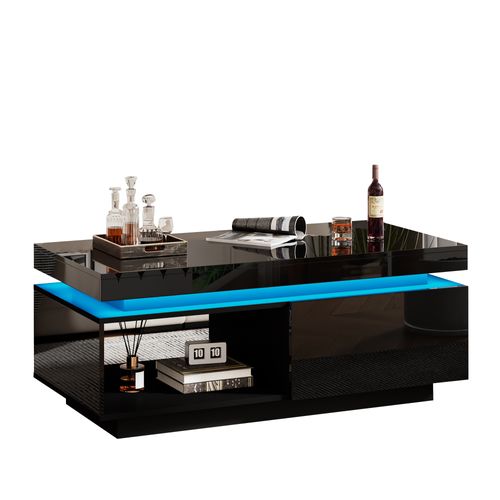 Table Basse Avec LED Et Tiroir - Plateau Et Panneaux Brillants - 100x50x40,3 Cm - Noir