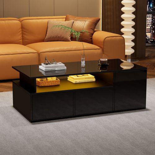 Table Basse Noire 2 Tiroirs Avec LED Via Appli - Éclairage Plateau - 100x50x35 Cm