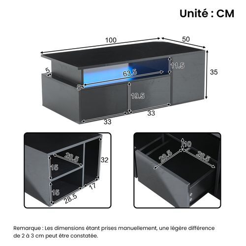 Table Basse Noire 2 Tiroirs Avec LED Via Appli - Éclairage Plateau - 100x50x35 Cm