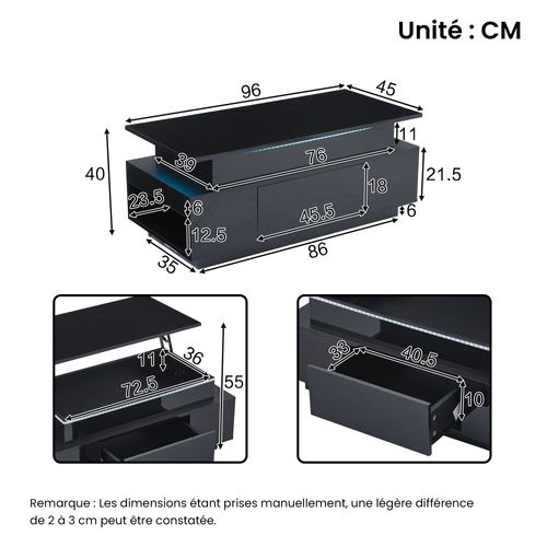 Table Basse Noire Plateau Relevable Avec Tiroir, Rangement Et LED USB - 96x45x40 Cm