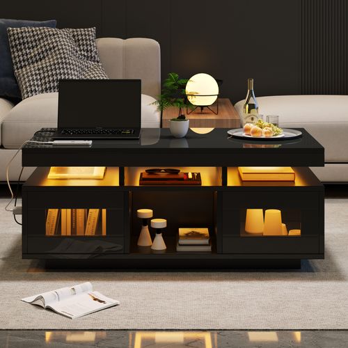 Table Basse Avec LED Via Appli, Prises Eu Et 2 Placards Push - 100x50x43 Cm - Mdf - Noir