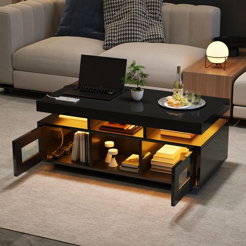 Table Basse Avec LED Via Appli, Prises Eu Et 2 Placards Push - 100x50x43 Cm - Mdf - Noir