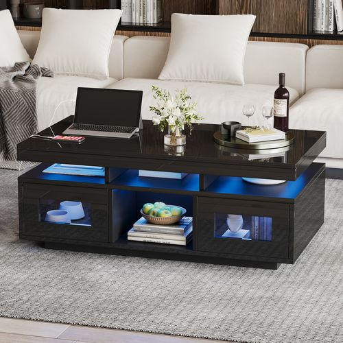 Table Basse Avec LED Via Appli, Prises Eu Et 2 Placards Push - 100x50x43 Cm - Mdf - Noir