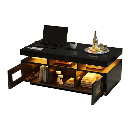 Table Basse Avec LED Via Appli, Prises Eu Et 2 Placards Push - 100x50x43 Cm - Mdf - Noir