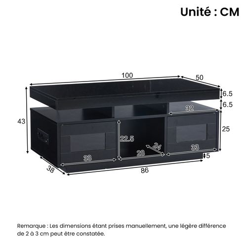 Table Basse Avec LED Via Appli, Prises Eu Et 2 Placards Push - 100x50x43 Cm - Mdf - Noir