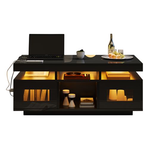 Table Basse Avec LED Via Appli, Prises Eu Et 2 Placards Push - 100x50x43 Cm - Mdf - Noir
