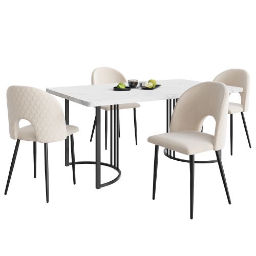 Ensemble De Table Avec Lot De 4 Chaises, Pieds De Chaise Réglables, Panneau Blanc, Beige