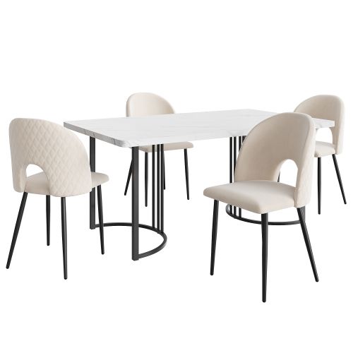 Ensemble De Table Avec Lot De 4 Chaises, Pieds De Chaise Réglables, Panneau Blanc, Beige