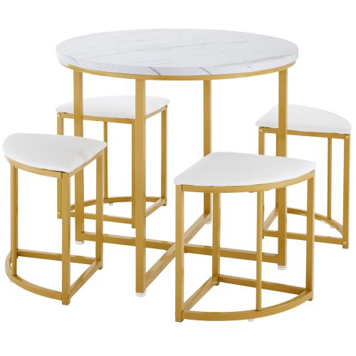 Ensemble De Table Avec Lot De 4 Chaises, Table Ronde, Cadre En Métal Doré, Blanc