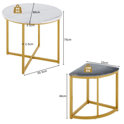 Ensemble De Table Avec Lot De 4 Chaises, Table Ronde, Cadre En Métal Doré, Blanc Et Gris