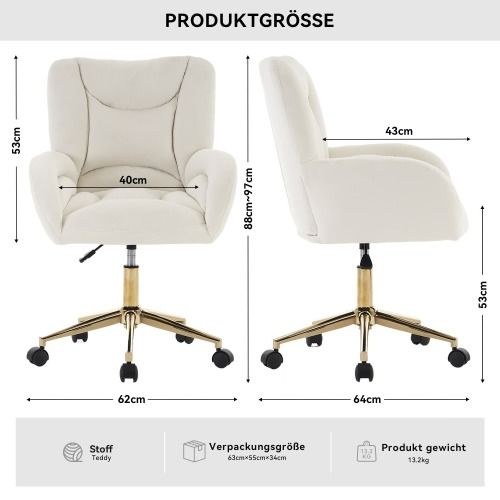 Fauteuil De Bureau Pivotante à Hauteur Réglable En Velours, Avec Pieds Dorés, Blanc