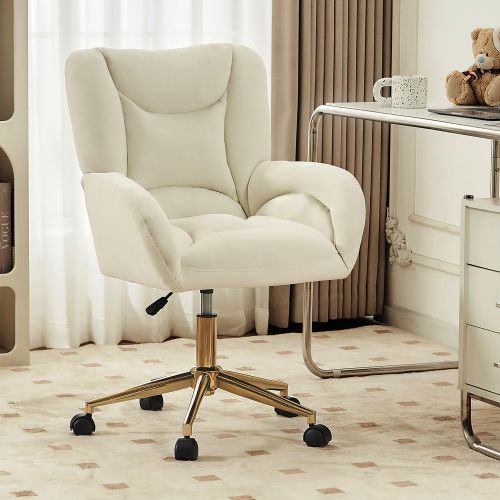 Fauteuil De Bureau Pivotante à Hauteur Réglable En Velours, Avec Pieds Dorés, Blanc