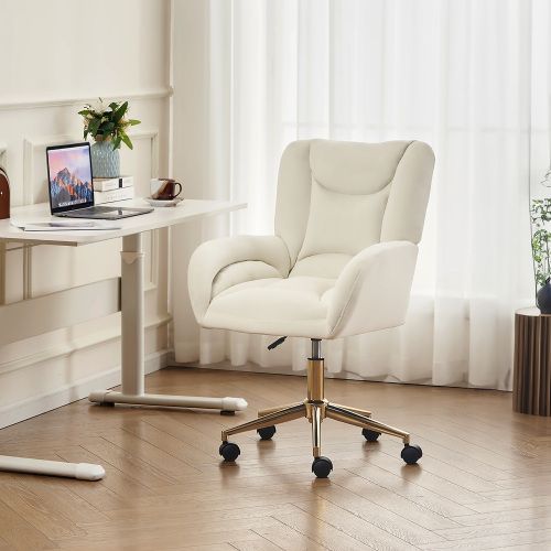 Fauteuil De Bureau Pivotante à Hauteur Réglable En Velours, Avec Pieds Dorés, Blanc