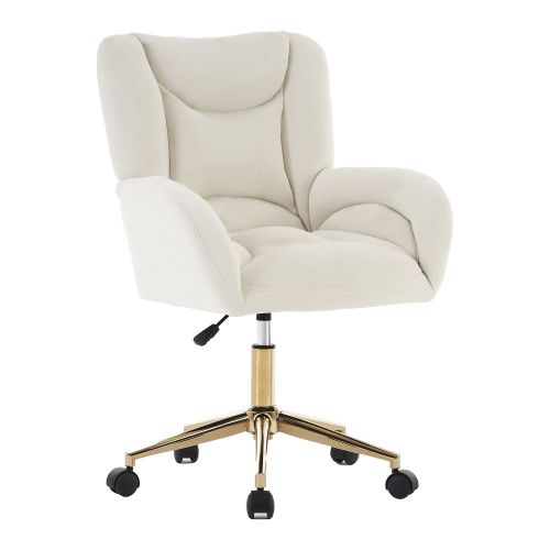 Fauteuil De Bureau Pivotante à Hauteur Réglable En Velours, Avec Pieds Dorés, Blanc