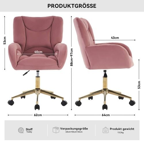 Fauteuil De Bureau Pivotante à Hauteur Réglable En Velours, Avec Pieds Dorés, Rose