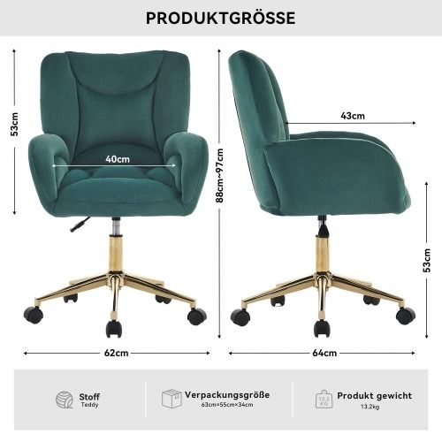Fauteuil De Bureau Pivotante à Hauteur Réglable En Velours, Avec Pieds Dorés, Vert