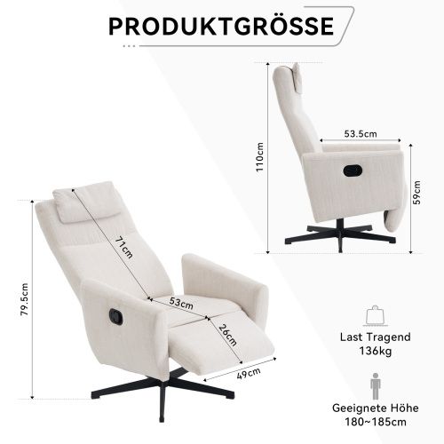Fauteuil Inclinable Et Pivotant En Chenille Avec Appuie-tête Et Repose-pieds, Beige